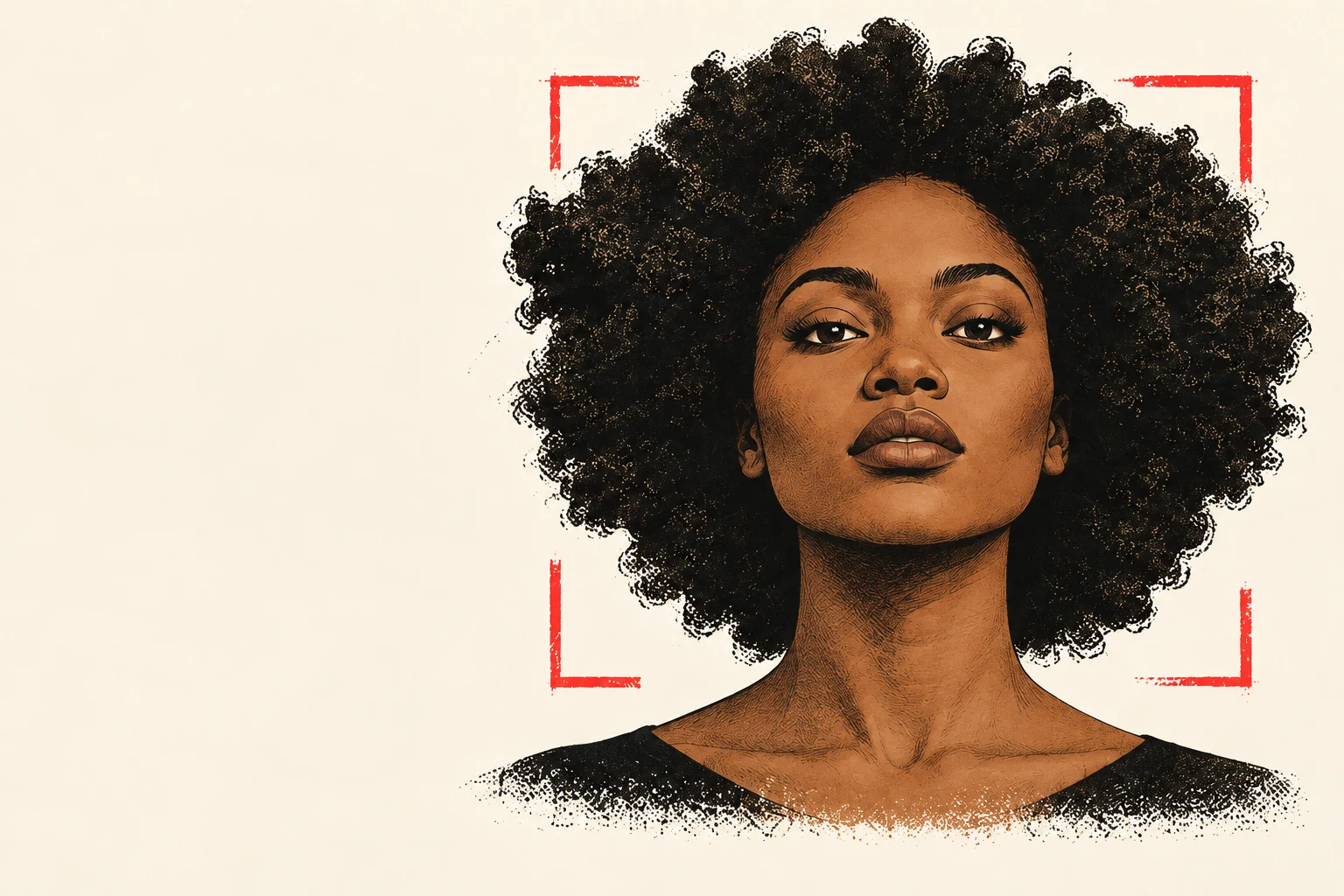 Illustrated Black woman extending beyond red editorial framing marks.